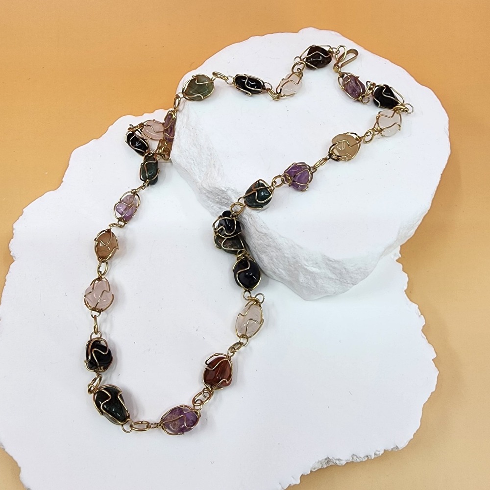 Multicolor Stone Wire Wrapped Necklace Gold Tone Boho Artisan Statement Vintage